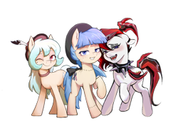 Size: 4093x2894 | Tagged: safe, artist:dundundun, artist:一十鹤, derpibooru import, oc, oc only, earth pony, pony, 2023 community collab, derpibooru community collaboration, earth pony oc, eyebrows, eyebrows visible through hair, hat, high res, looking at you, one eye closed, open mouth, open smile, simple background, smiling, smiling at you, transparent background, trio, unnamed oc, wink, winking at you