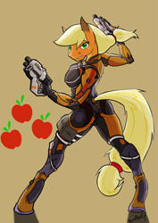 Size: 1357x1919 | Tagged: safe, artist:artsybeowulf, derpibooru import, applejack, anthro, earth pony, unguligrade anthro, applebutt, applerack, armor, ashley williams, breasts, butt, crossover, looking at you, looking back, looking back at you, mass effect, solo, weapon