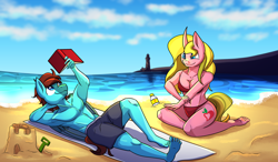 Size: 3200x1870 | Tagged: safe, artist:littletigressda, derpibooru import, oc, anthro, pegasus, plantigrade anthro, unicorn, beach, bikini, bikini bottom, bikini top, book, bottle, breasts, clothes, cloud, commission, complex background, curved horn, cutie mark, digital art, duo, duo male and female, female, horn, lighthouse, lying down, male, my little pony, nudity, ocean, partial nudity, pegasus oc, relaxing, sandcastle, shading, shore, shovel, sunny day, sunscreen, swimsuit, topless, towel, unicorn oc, water