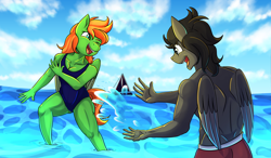 Size: 3200x1870 | Tagged: safe, artist:littletigressda, derpibooru import, oc, anthro, pegasus, plantigrade anthro, anthro oc, beach, breasts, clothes, commission, digital art, duo, duo male and female, female, folded wings, male, nudity, ocean, one-piece swimsuit, partial nudity, pegasus oc, playful, sailboat, shading, splashing, swimsuit, topless, water, wings