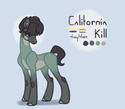 Size: 920x800 | Tagged: safe, artist:frostedsoul, derpibooru exclusive, derpibooru import, oc, oc only, oc:california kill, earth pony, pony, aroace pride flag, nonbinary pride flag, ponysona, pride, pride flag, reference sheet, slim, solo, thin