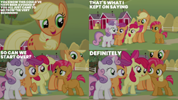 Size: 4400x2475 | Tagged: safe, derpibooru import, edit, edited screencap, editor:quoterific, screencap, apple bloom, applejack, babs seed, scootaloo, sweetie belle, earth pony, pegasus, pony, unicorn, one bad apple, apple bloom's bow, applejack's hat, bow, clothes, cowboy hat, cutie mark crusaders, female, filly, foal, freckles, frown, group, hair bow, hat, looking at each other, looking at someone, mare, open mouth, open smile, quintet, remorse, smiling