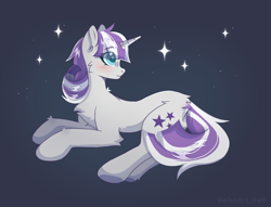 Size: 1993x1521 | Tagged: safe, artist:belkaart0w0, derpibooru import, twilight velvet, pony, unicorn, blue background, blushing, cheek fluff, chest fluff, cute, ear fluff, ears, female, lying down, mare, profile, prone, side view, simple background, solo, starry eyes, stars, velvetbetes, wingding eyes