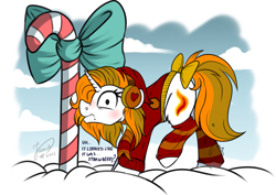 Size: 4093x2894 | Tagged: safe, artist:julunis14, derpibooru import, oc, oc only, oc:aurora shinespark, pony, unicorn, blushing, bow, candy, candy cane, clothes, cloud, commission, dialogue, earmuffs, embarrassed, female, food, hat, horn, leg warmers, mare, scarf, signature, silly, silly pony, snow, sweater, tail, tail bow, tongue, tongue out, tongue stuck to pole, unicorn oc, your character here