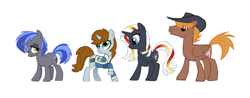 Size: 3728x1456 | Tagged: safe, artist:varwing, derpibooru import, oc, oc:calamity, oc:homage, oc:littlepip, oc:velvet remedy, pegasus, pony, unicorn, fallout equestria, female, male, mare, simple background, stallion, white background