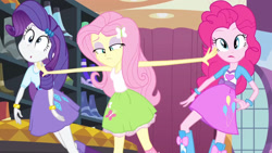 Size: 3072x1727 | Tagged: safe, derpibooru import, screencap, fluttershy, pinkie pie, rarity, human, equestria girls, equestria girls (movie), :o, bracelet, clothes, cutie mark on clothes, female, frown, hairpin, high heels, jewelry, open mouth, shoes, trio, trio female