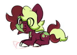 Size: 404x286 | Tagged: safe, artist:butterfly-mak, derpibooru import, oc, oc only, oc:harlequin apple, earth pony, :p, appaloosa, blank flank, coat markings, colored hooves, colt, earth pony oc, eye clipping through hair, foal, lying down, male, no pupils, prone, simple background, solo, tongue, tongue out, white background