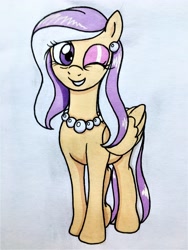 Size: 3024x4032 | Tagged: safe, artist:killerteddybear94, derpibooru import, oc, oc:vanilla pearl, pegasus, pony, ear piercing, earring, jewelry, looking at you, necklace, one eye closed, pegasus oc, photo, piercing, smiling, solo, traditional art, wink