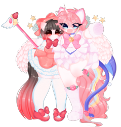 Size: 6435x6721 | Tagged: safe, artist:franshushu, derpibooru import, oc, oc only, oc:arwencuack, oc:nekonin, alicorn, anthro, cat, pegasus, :3, cardcaptor sakura, clothes, commission, dress, happy, magical girl, male, sakura kinomoto, simple background, transparent background