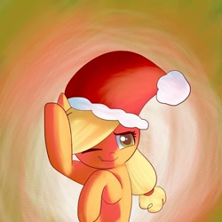 Size: 1200x1200 | Tagged: safe, artist:andromedasparkz, derpibooru import, applejack, earth pony, pony, christmas, cute, female, hat, holiday, jackabetes, santa hat, solo