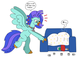 Size: 2668x1978 | Tagged: safe, artist:supahdonarudo, derpibooru import, oc, oc only, oc:ironyoshi, oc:sea lilly, classical hippogriff, hippogriff, unicorn, alcohol, blanket, camera, champagne, dialogue, excited, glass, hangover, happy new year, holding, holiday, jewelry, necklace, shot glass, simple background, sofa, speech bubble, text, transparent background, under blanket, wine