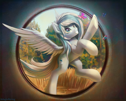 Size: 2500x2000 | Tagged: safe, artist:adagiostring, derpibooru import, oc, oc only, butterfly, pegasus, pony, blue eyes, commission, cute, female, forest, full body, grass, my little pony, pegasus oc, simple background, solo, tree