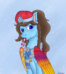 Size: 1528x1710 | Tagged: safe, artist:valdemar, derpibooru import, oc, oc only, alicorn, pony, alicorn oc, bust, candy, candy cane, christmas, clothes, cute, female, food, hat, holiday, horn, looking at you, mare, portrait, scarf, snow, snowfall, solo, wings