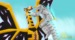 Size: 1217x657 | Tagged: safe, artist:lordshrekzilla20, derpibooru import, kaiju, robot, fanfic:a king to a god, fanfic art, fight, godzilla (series), king ghidorah, mech, mechagodzilla, shin ghidorah