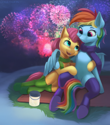 Size: 1854x2112 | Tagged: safe, artist:foxpit, derpibooru import, fluttershy, rainbow dash, pegasus, pony, clothes, cuddling, cute, duo, duo female, female, fireworks, flutterdash, hug, jewelry, lesbian, mare, necklace, scarf, shipping, sitting, socks, stockings, thigh highs, winghug, wings