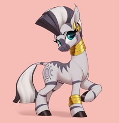 Size: 2680x2755 | Tagged: safe, artist:aquaticvibes, derpibooru import, zecora, zebra, bracelet, cute, female, jewelry, looking at you, mare, neck rings, pink background, raised hoof, raised leg, simple background, smiling, smiling at you, solo, zecorable