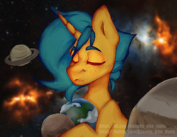 Size: 4500x3500 | Tagged: safe, artist:хлебушек, derpibooru import, oc, oc:wry bell, pony, unicorn, eyes closed, horn, planet, pony bigger than a planet, solo, unicorn oc