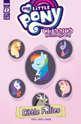 Size: 2063x3131 | Tagged: safe, derpibooru import, idw, applejack, discord, fluttershy, rainbow dash, rarity, twilight sparkle, draconequus, earth pony, pegasus, unicorn, my little pony classics reimagined: little fillies, applejack's hat, clothes, comic cover, cowboy hat, facial hair, female, hat, high res, little women, male, mare, moustache, official comic, one eye closed, pink background, ribbon, simple background, wink