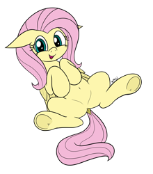 Size: 1699x1932 | Tagged: safe, artist:wapamario63, fluttershy, pegasus, pony, belly button, cute, dock, ears, female, flat colors, floppy ears, imminent belly rub, looking at you, lying down, mare, on back, open mouth, open smile, shyabetes, simple background, smiling, smiling at you, solo, transparent background, underhoof, wings