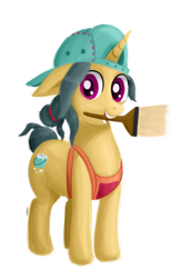 Size: 1832x2786 | Tagged: safe, artist:wapamario63, fresh coat, pony, unicorn, cap, clothes, cute, ears, female, floppy ears, looking at you, mare, mouth hold, paintbrush, simple background, solo, standing, transparent background