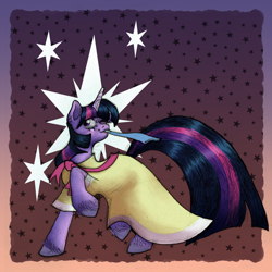 Size: 3000x3000 | Tagged: safe, artist:marhafka, derpibooru import, twilight sparkle, unicorn twilight, pony, unicorn, sweet and elite, abstract background, birthday dress, clothes, dress, female, mare, one eye closed, party horn, smiling, solo, wink