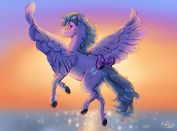 Size: 2248x1668 | Tagged: safe, artist:nightprince-art, derpibooru import, firefly, pegasus, pony, g1, blushing, bow, butt, female, flying, looking at you, looking back, looking back at you, mare, plot, signature, solo, spread wings, sunset, tail, tail bow, water, wings