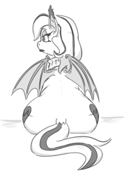 Size: 387x545 | Tagged: safe, artist:jargon scott, derpibooru import, oc, oc:arrhythmia, bat pony, earth pony, bat pony oc, black and white, butt, fat, female, grayscale, large butt, mare, monochrome, plot, rear view, simple background, sitting, solo, the ass was fat, white background, wide hips