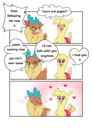 Size: 3732x5197 | Tagged: safe, artist:abyssalrabbit, derpibooru import, paprika paca, velvet reindeer, alpaca, deer, reindeer, them's fightin' herds, 3 panel comic, comic, community related, dialogue, duo, duo female, female, floating heart, heart, lesbian, looking back, nervous sweat, paprika can talk, shipping, smiling, speech bubble, tail, tail wag, velverika