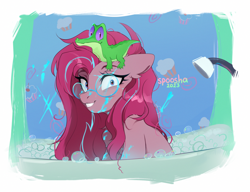 Size: 2400x1846 | Tagged: safe, artist:spoosha, derpibooru import, gummy, pinkie pie, earth pony, pony, bathroom, bathtub, bubble, duo, glasses, looking at you, pinkamena diane pie