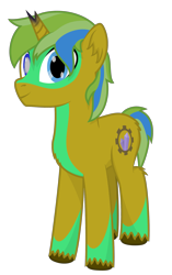 Size: 1443x2295 | Tagged: safe, artist:mrkm, derpibooru exclusive, derpibooru import, oc, oc only, oc:hard sprocket, pony, unicorn, 2023 community collab, blind eye, broken horn, derpibooru community collaboration, horn, male, simple background, smiling, solo, stallion, transparent background, unicorn oc, unshorn fetlocks