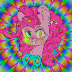 Size: 1280x1280 | Tagged: safe, artist:starkey, derpibooru import, cherry berry, pinkie pie, earth pony, barrette, bowtie, chest fluff, colorful, ear fluff, ears, flower, flower in hair, food, mucus, pinkamena diane pie, rainbow, scar, smile hd, smiling, solo, stars, sticker, strawberry, traditional art