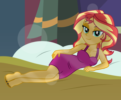 Size: 7032x5760 | Tagged: safe, artist:emeraldblast63, derpibooru import, sunset shimmer, equestria girls, barefoot, bed, clothes, feet, female, looking at you, painted nails, sleeveless, solo