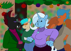 Size: 3054x2209 | Tagged: safe, artist:rotgriff, derpibooru import, pharynx, trixie, anthro, griffon, pony, christmas, female, holiday, male, party, phartrix, shipping, straight