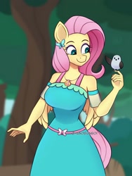 Size: 1620x2160 | Tagged: safe, artist:handgunboi, derpibooru import, fluttershy, anthro, bird, pegasus, breasts, butterfly hairpin, clothes, dress, equestria girls outfit, female, geode of fauna, hootershy, magical geodes, smiling, solo