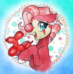 Size: 2014x2048 | Tagged: safe, artist:opalacorn, derpibooru import, oc, oc only, earth pony, pony, balloon, balloon animal, clown, clown makeup, clown nose, ears, earth pony oc, floppy ears, hoof hold, open mouth, open smile, red nose, smiling, solo, starry eyes, wingding eyes