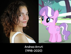 Size: 670x508 | Tagged: safe, artist:enrique zx, derpibooru exclusive, derpibooru import, edit, edited screencap, editor:enrique zx, screencap, diamond tiara, earth pony, human, pony, andrea arruti, female, filly, foal, in memoriam, latin american, photo, rest in peace, spanish, spanish description, spanish text, voice actor, voice actors