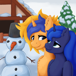 Size: 2000x2000 | Tagged: safe, artist:uuhuhuh, derpibooru import, princess luna, oc, oc:wartex shine, alicorn, pony, alicorn oc, canon x oc, couple, cute, duo, female, horn, male, snow, snowman, wings, winter