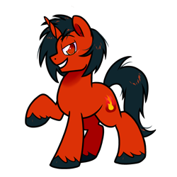 Size: 1300x1300 | Tagged: safe, artist:paperbagpony, derpibooru import, oc, oc:inferno, pony, unicorn, 2023 community collab, colored pupils, derpibooru community collaboration, horn, raised hoof, raised leg, simple background, solo, transparent background, unicorn oc, unshorn fetlocks