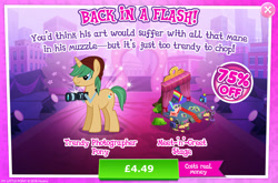 Size: 1963x1297 | Tagged: safe, derpibooru import, coloratura, snapshot, pony, unicorn, advertisement, background character, background pony, beanie, bush, camera, costs real money, countess coloratura, curtains, english, facial hair, gameloft, hat, horn, male, mobile game, my little pony: magic princess, numbers, official, photo, sale, solo, solo focus, stage, stallion, stubble, text