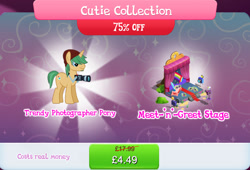 Size: 1264x858 | Tagged: safe, derpibooru import, coloratura, snapshot, pony, unicorn, background character, background pony, beanie, bundle, bush, camera, costs real money, countess coloratura, curtains, english, facial hair, gameloft, hat, horn, male, mobile game, my little pony: magic princess, numbers, official, photo, sale, solo, solo focus, stage, stallion, stubble, text