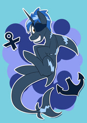 Size: 1280x1810 | Tagged: source needed, safe, artist:likeableart, derpibooru import, oc, oc only, oc:high tide, original species, shark, shark pony, eyepatch, grin, looking at you, male, sharp teeth, smiling, solo, teeth