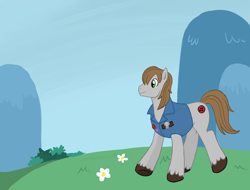 Size: 1312x997 | Tagged: safe, artist:angelicmissmarie, derpibooru import, oc, oc only, earth pony, pony, bush, clothes, colored hooves, commission, earth pony oc, flower, male, outdoors, solo, stallion, unshorn fetlocks