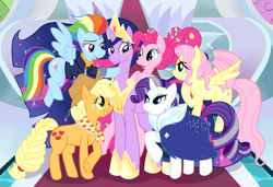 Size: 3210x2196 | Tagged: safe, artist:angelicmissmarie, derpibooru import, applejack, fluttershy, pinkie pie, rainbow dash, rarity, twilight sparkle, twilight sparkle (alicorn), alicorn, earth pony, pony, unicorn, g4, the last problem, applejack's hat, bags under eyes, blushing, clothes, cowboy hat, crossed hooves, crying, dress, female, flying, freckles, granny smith's shawl, hat, horn, jacket, jewelry, lidded eyes, looking at each other, looking at someone, looking up, mane six, mare, older, older applejack, older fluttershy, older mane six, older pinkie pie, older rainbow dash, older rarity, older twilight, open mouth, open smile, raised hoof, raised leg, regalia, scarf, smiling, spread wings, starry eyes, tears of joy, teary eyes, wingding eyes, wings