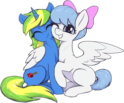 Size: 2494x2070 | Tagged: safe, artist:t72b, derpibooru import, oc, oc only, oc:chrome fuchsia, oc:speed, pegasus, pony, unicorn, 2023 community collab, bow, cheek to cheek, derpibooru community collaboration, duo, eyes closed, female, grin, hair bow, horn, hug, looking at you, mare, one eye closed, pegasus oc, raised hoof, raised leg, simple background, sitting, smiling, smiling at you, spread wings, squishy cheeks, transparent background, unicorn oc, winghug, wings, wink