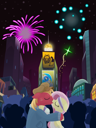 Size: 2880x3840 | Tagged: safe, alternate version, anonymous artist, derpibooru import, big macintosh, fluttershy, rarity, earth pony, pegasus, pony, series:fm holidays, cap, clothes, crowd, ears, eyes closed, female, fireworks, floppy ears, fluttermac, happy new year, happy new year 2023, hat, headband, high res, holding each other, holiday, jacket, kiss on the lips, kissing, lineless, male, manehattan, mare, new year, night, rarity is a marshmallow, shipping, stallion, straight, sweater, turtleneck