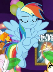 Size: 389x529 | Tagged: safe, derpibooru import, screencap, apple rose, goldie delicious, rainbow dash, earth pony, pegasus, pony, grannies gone wild, cropped, crossed hooves, eyes closed, female, flying, frown, mare, offscreen character, solo focus, spread wings, trio, wings