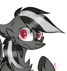 Size: 1347x1431 | Tagged: safe, artist:4agonism, derpibooru import, oc, oc only, oc:gamma plague, pegasus, pony, cheek fluff, chest fluff, cute, ear fluff, ears, ears back, eyebrows, floppy ears, frown, looking sideways, male, multicolored hair, ocbetes, partial color, pegasus oc, raised hoof, raised leg, signature, simple background, solo, spread wings, stallion, unshorn fetlocks, unsure, white background, wings