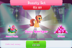 Size: 1271x855 | Tagged: safe, derpibooru import, pegasus, pony, background character, background pony, balloon, bundle, bush, clothes, costs real money, costume, english, female, folded wings, gameloft, gem, jewelry, las pegasus resident, mare, mobile game, my little pony: magic princess, necklace, numbers, official, sale, solo, solo focus, text, whirlwind romance, wings