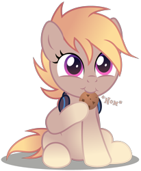 Size: 2868x3488 | Tagged: safe, artist:strategypony, derpibooru import, oc, oc only, oc:cookie malou, earth pony, pony, cookie, cute, earth pony oc, eating, female, filly, foal, food, gradient mane, headphones, hoof hold, looking up, mare, nom, simple background, solo, transparent background