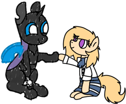 Size: 1798x1497 | Tagged: safe, artist:symphonydawn3, artist:theunidentifiedchangeling, derpibooru import, oc, changeling, earth pony, pony, 2023 community collab, armband, changeling oc, derpibooru community collaboration, duo, earth pony oc, female, horn, male, simple background, transparent background, wings